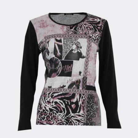 Camiseta-mujer OMC-punto-gordito-cuello-estampado-con-cuadros-con-animal-print-foto-chica-difuminados