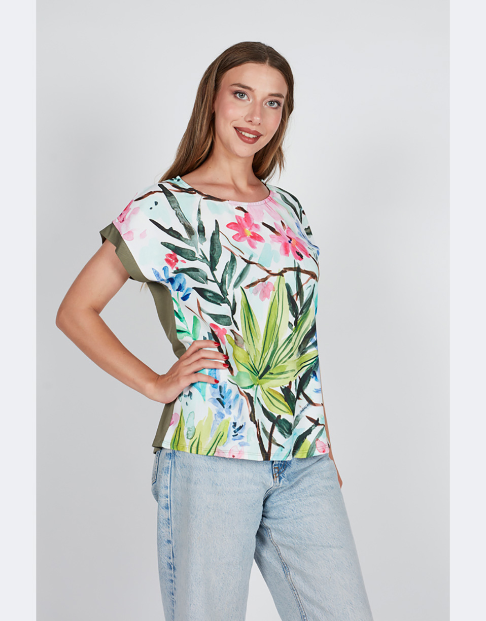 Camiseta mujer manga caída corta delante tela detrás punto estampado  'floral' - Main Image