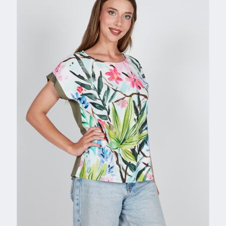 Camiseta-mujer-manga-caida-corta-delante-tela-detras-punto-estampado-‘floral