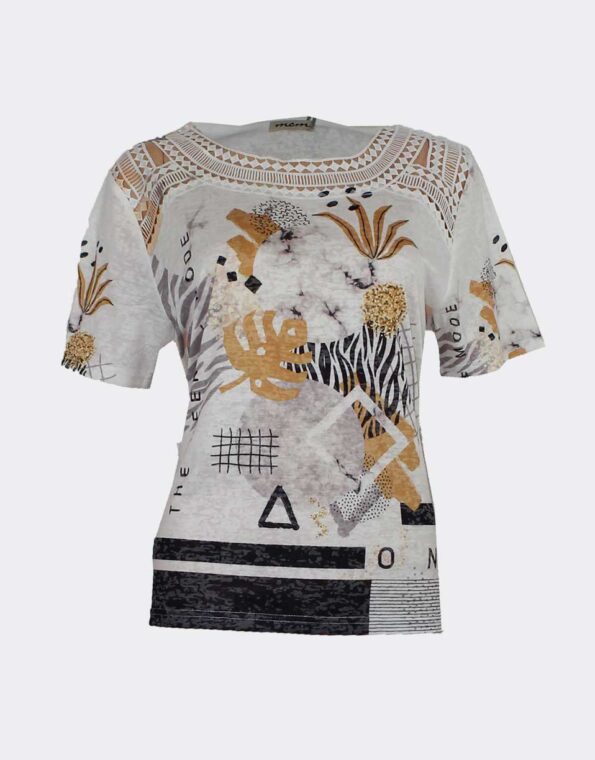 Camiseta-mujer-punto-fino-estampado-abstracto-con-hojas-detalle-puntilla-en-escote