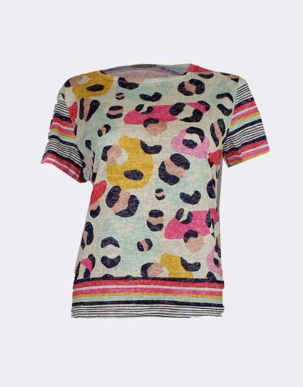 Camiseta-mujer-punto-fino-estampado-abstracto-de-colorines-y-detras-rayas