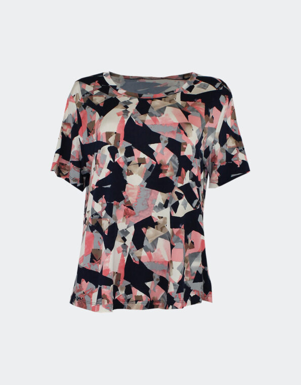 Camiseta-mujer-punto-manga-corta-estampado-abstracto-en-negro-beiges-y-salmon
