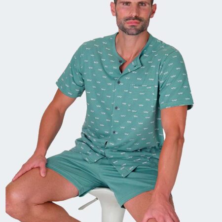 Pijama-hombre-punto-CORTO-abierto-delante-estampado-gafas