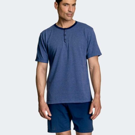 Pijama-hombre-punto-CORTO-con-tapeta-tres-botones-estampado-geometrico-pequeno-azul-Marino