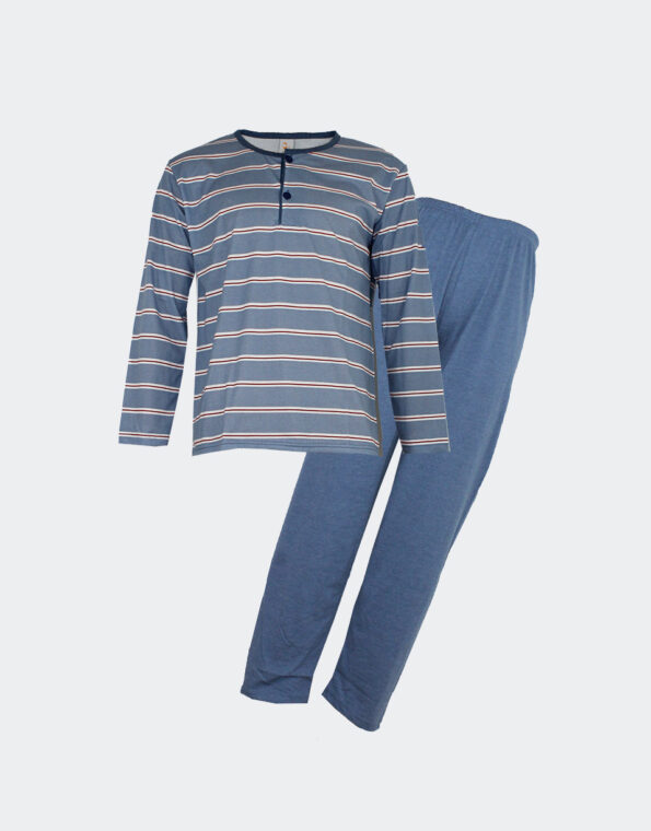 Pijama-hombre-punto-fino-LARGO-con-tapeta-dos-botones-a-rayas-azul