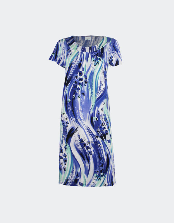 Vestido-mujer-punto-escote-fruncido-estampado-abstracto-azul