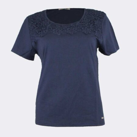 Camiseta-mujer-punto-color-liso-con-detalle-blonda-en-canesu-azul-marino