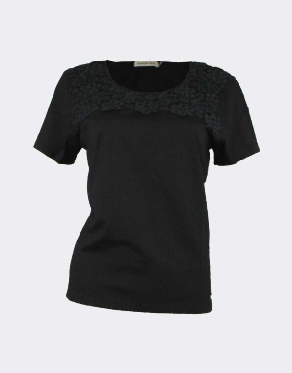 Camiseta-mujer-punto-color-liso-con-detalle-blonda-en-canesu-negro