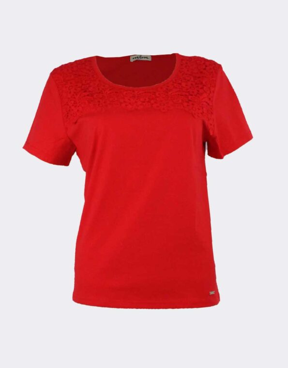 Camiseta-mujer-punto-color-liso-con-detalle-blonda-en-canesu-rojo