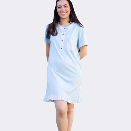 Camison-mujer-punto-manga-corta-con-tapeta-4-botones-liso-con-detalles-estampados-azul