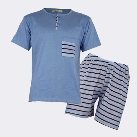 Pijama hombre punto corto con tapeta dos botones y bolsillo azul