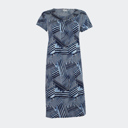 Vestido-mujer-punto-escote-fruncido-estampado-lineas-desiguales-azul