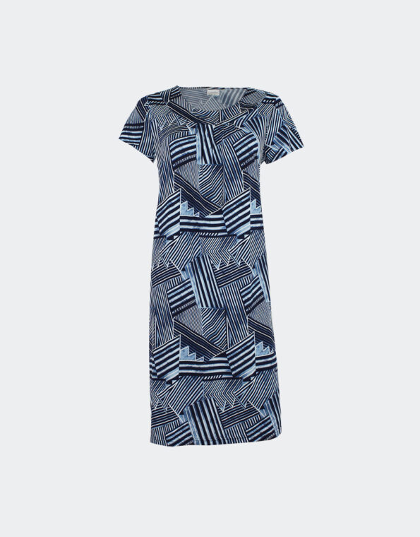 Vestido-mujer-punto-escote-fruncido-estampado-lineas-desiguales-azul