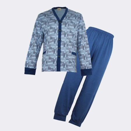 Pijama hombre punto fino largo abierto delante estampado cuadros azul