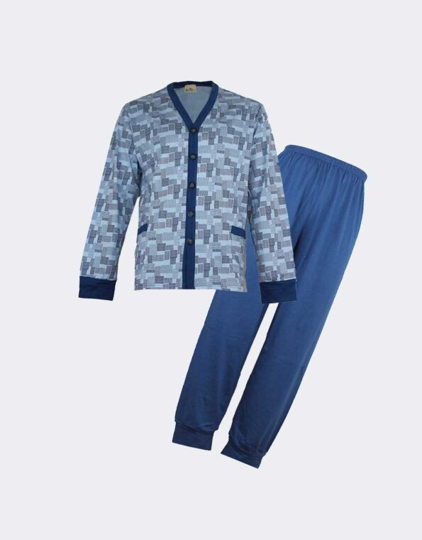 Pijama hombre punto fino largo abierto delante estampado cuadros azul