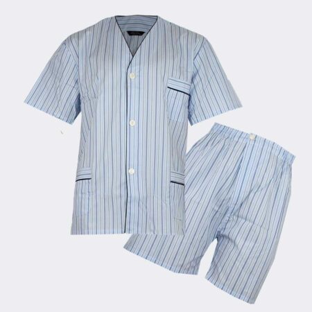 pijama de hombre corto de tela abierto a rayas azul