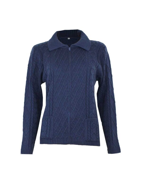 Chaqueta mujer punto con cremallera cuello y bolsillos, punto relieve con rombos y trencitas azul noche