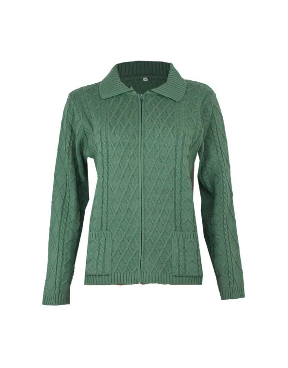 Chaqueta mujer punto con cremallera cuello y bolsillos, punto relieve con rombos y trencitas verde