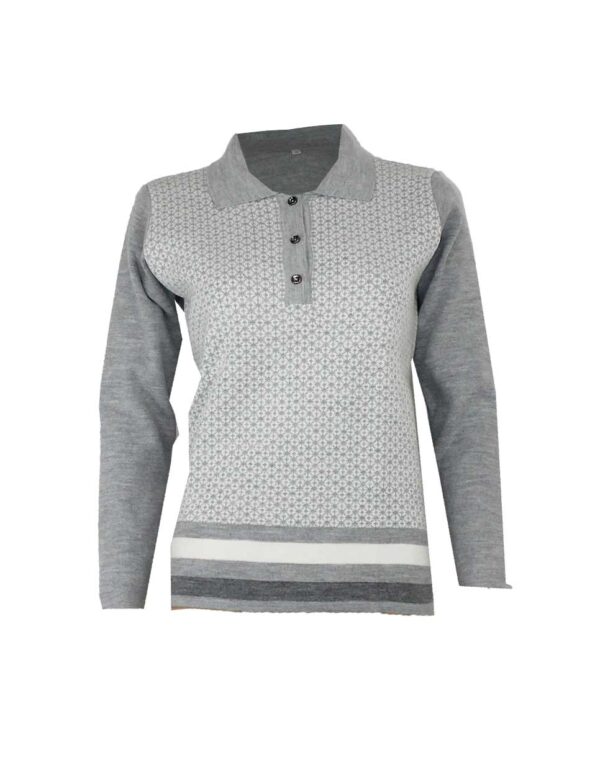 Jersey polo mujer punto con cuello y tres botones, estampado geométrico y bajo en rayas gris