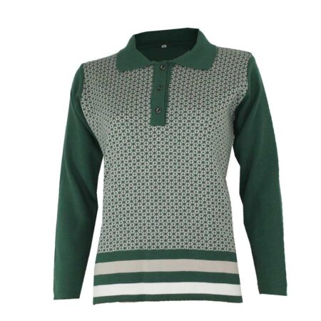 Jersey polo mujer punto con cuello y tres botones, estampado geométrico y bajo en rayas verde