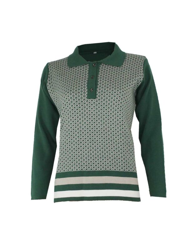 Jersey polo mujer punto con cuello y tres botones, estampado geométrico y bajo en rayas verde