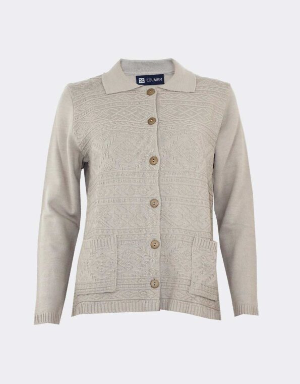 chaqueta mujer con cuello y bolsillos delantero relieve acrilica