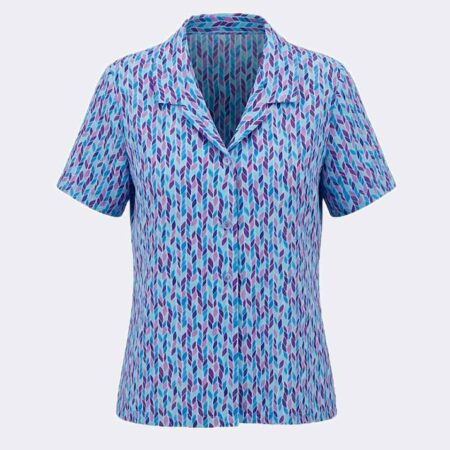 Blusa de mujer en tejido bambula manga corta estampado efecto espiga en tonos azules y lilas