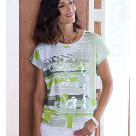 Camiseta mujer punto manga caída estampado en verde y dibujo abstracto metalizado