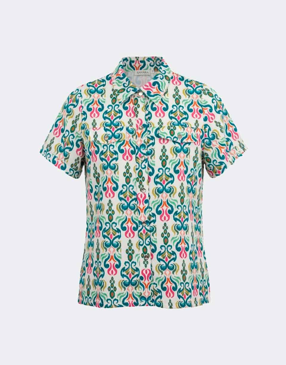 Blusa mujer tela manga corta cuello camisero