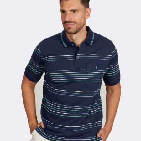 Polo de hombre punto manga corta con bolsillo color marino con líneas finas de colores