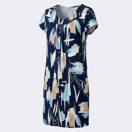 Vestido bata escote fruncido mujer punto estampado abstracto pinceladas azul, beig, blanco