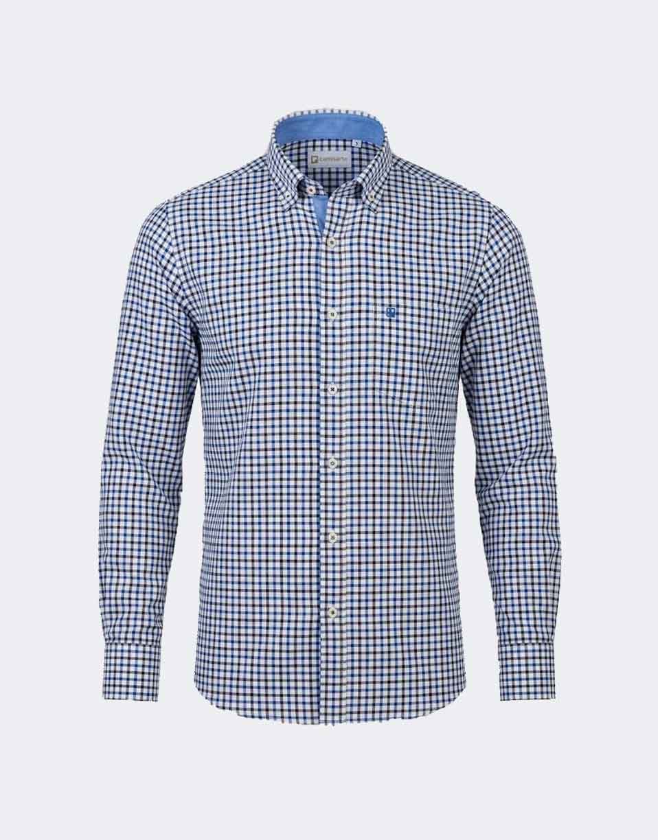 Camisa hombre tela fina cuadros negro y azul