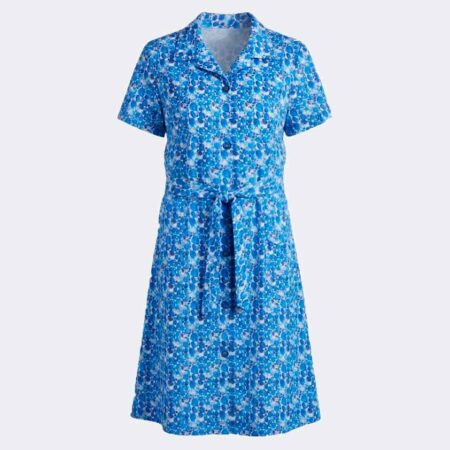 Bata manga corta mujer tejido bambula con cuello y bolsillos estampado en formas ovales en azul y beige