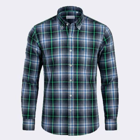 Camisa hombre tela fina cuadros gris y verde