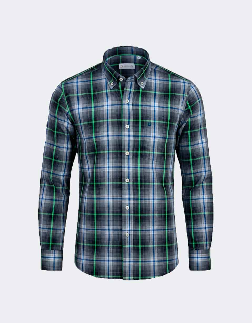 Camisa hombre tela fina cuadros gris y verde