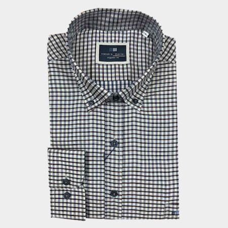 Camisa hombre tela fina manga larga con cuadros pequeños en tonos marrón y marino