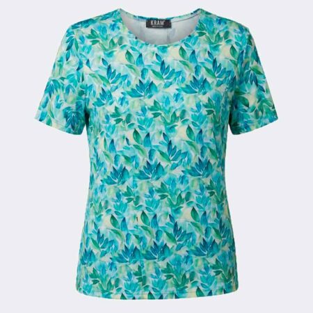 Camiseta mujer punto manga corta estampado hojas verdes