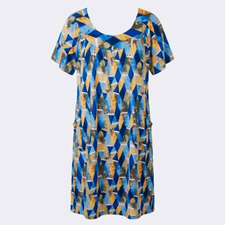 Bata vestido mujer en punto MANGA CORTA estampado marrón y azul