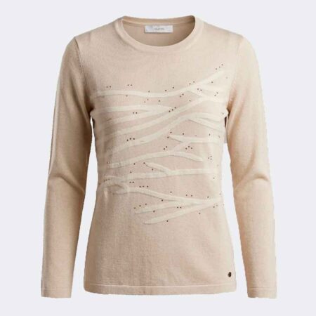 Jersey punto fino escote redondo de mujer color beig con 'ramas' crudas con detalle brillantitos