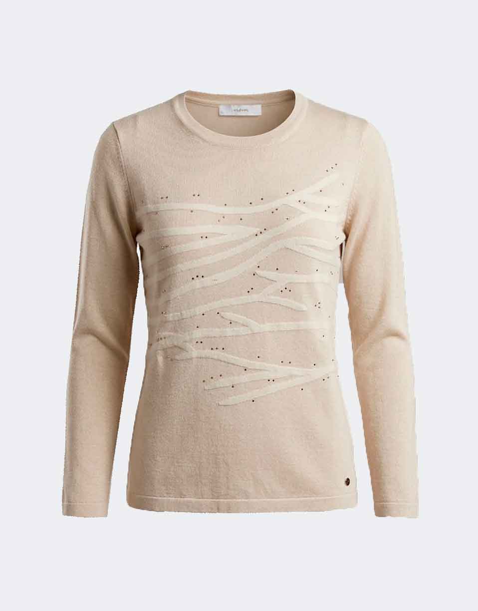 Jersey punto fino escote redondo de mujer color beig con 'ramas' crudas con detalle brillantitos
