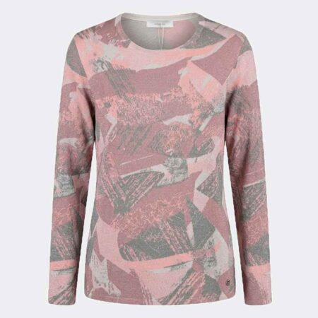 Jersey punto fino de mujer escote redondo estampado abstracto en granatosos acabado metálico