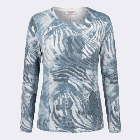 Jersey mujer punto fino escote redondo estampado 'animal print' en azulados acabado reflejos metálicos