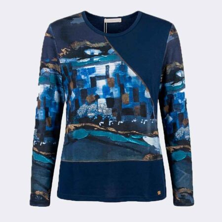 Jersey mujer punto escote redondo estampado en azules