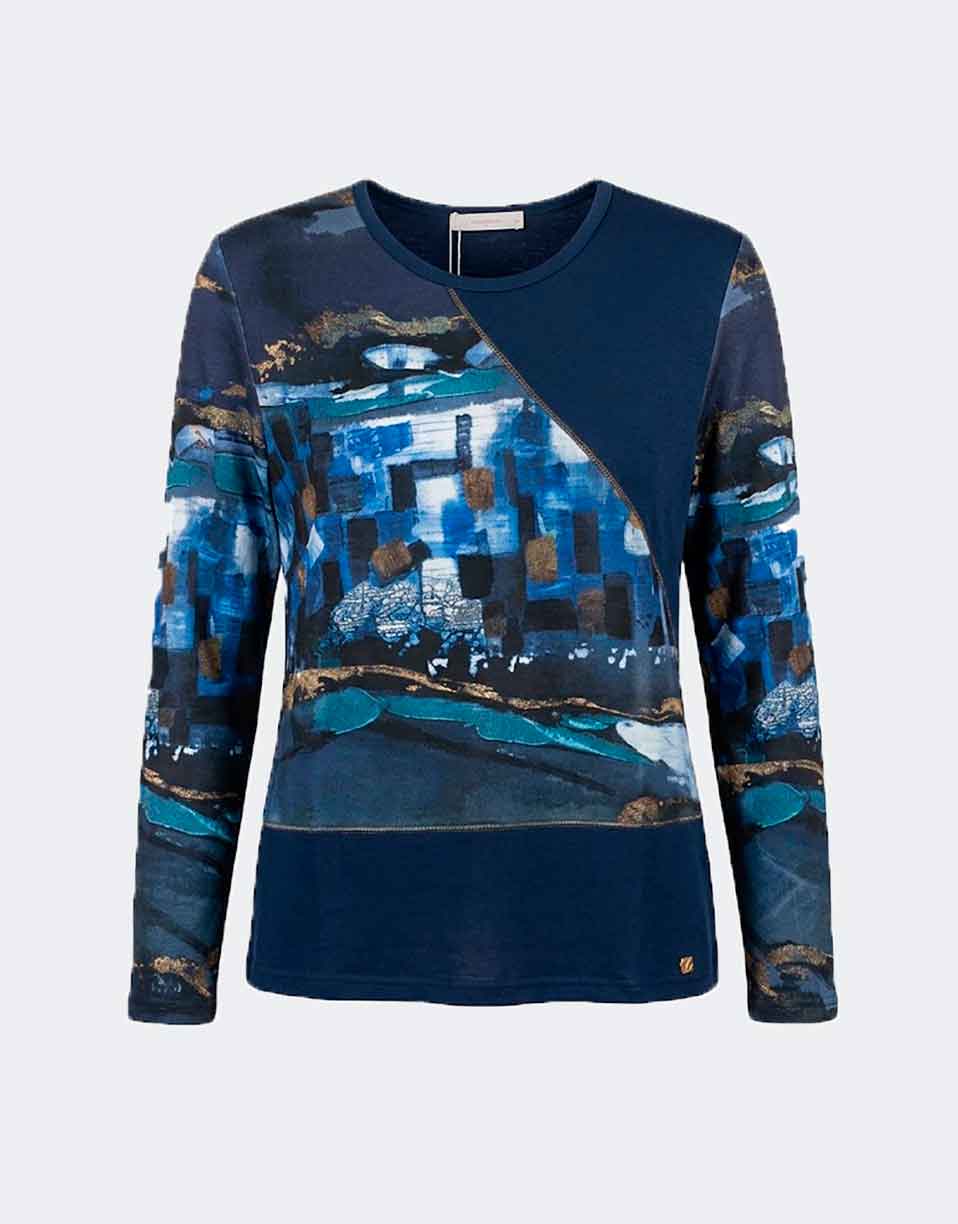 Jersey mujer punto escote redondo estampado en azules