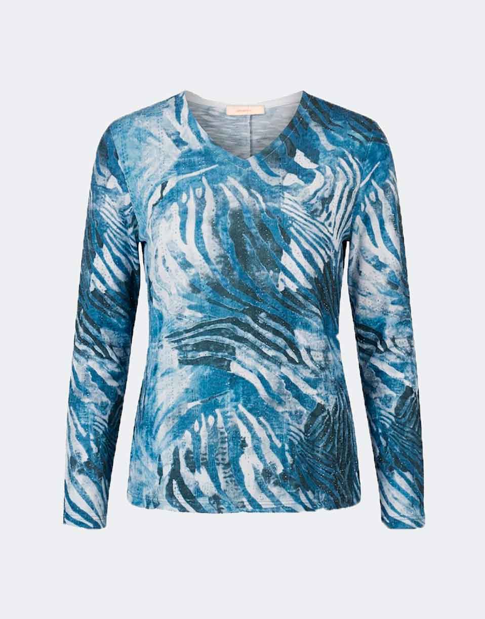 Jersey punto fino escote pico estampado azul