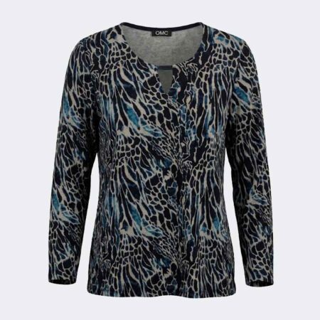 Camiseta mujer punto escote redondo con detalle pequeña abertura estampado 'animal print'