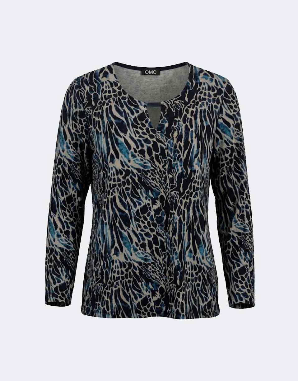 Camiseta mujer punto escote redondo con detalle pequeña abertura estampado 'animal print'