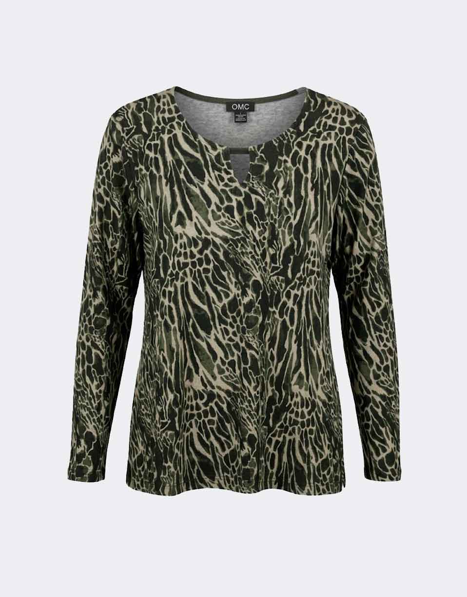 Camiseta mujer punto escote redondo con detalle pequeña abertura estampado 'animal print' - Imagen 2