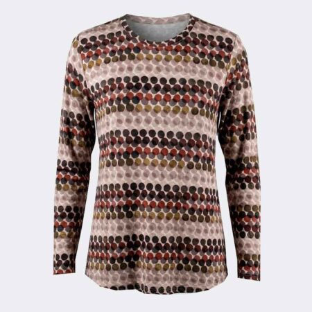 Camiseta mujer punto fino escote redondo estampado círculos colores tierra