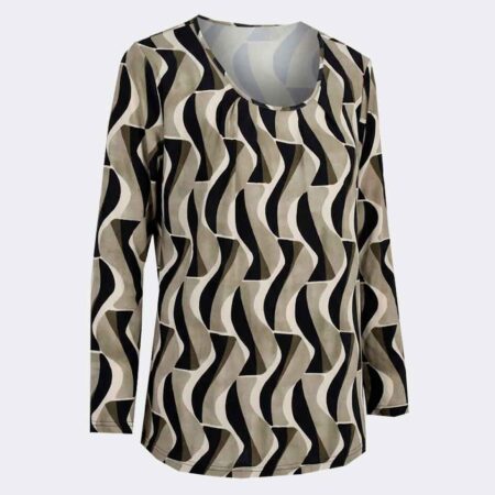 Camiseta mujer escote redondo punto fino manga larga con pliegues estampado 'media ondas' colores neutros y negro